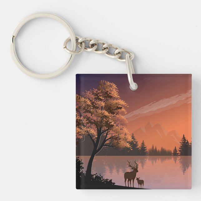 Landscape with Lake and Deers Illustration-51207 Keychain (Front)