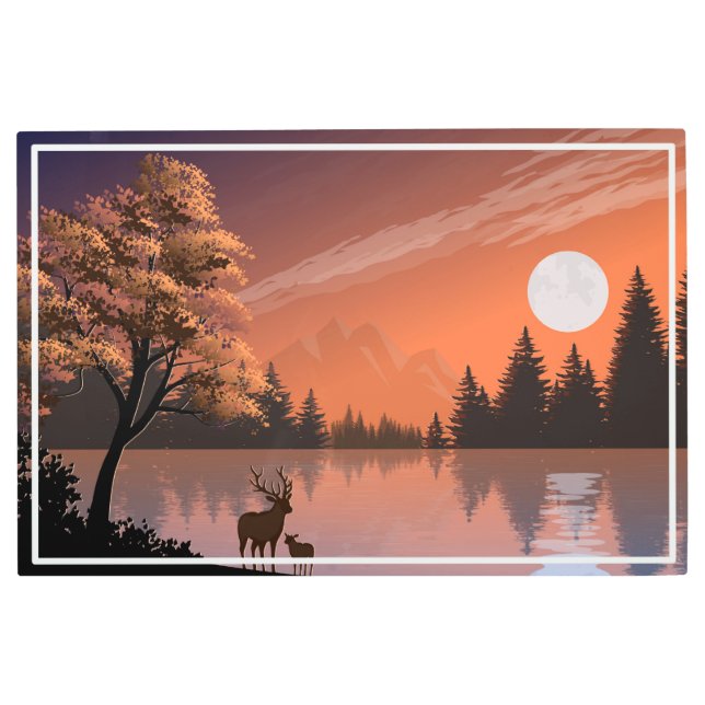 Landscape with Lake and Deers Illustration-51207 Metal Print (Front)