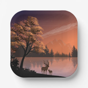 Landscape with Lake and Deers Illustration-51207 Paper Plates