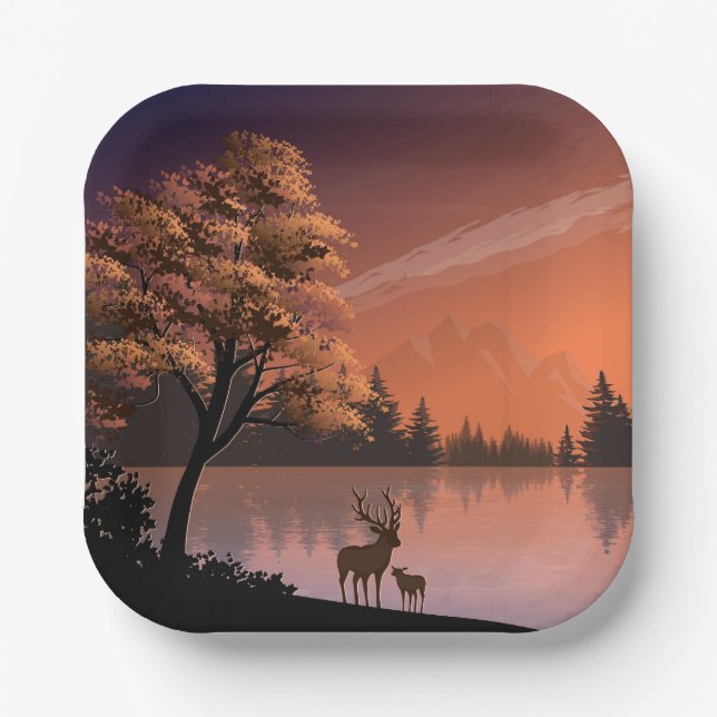 Landscape with Lake and Deers Illustration-51207 Paper Plates (Front)
