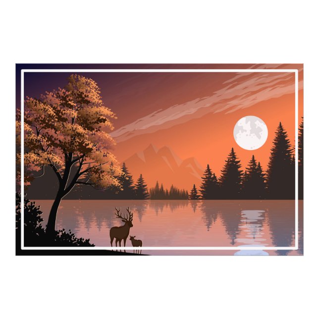 Landscape with Lake and Deers Illustration-51207 Photo Print (Front)
