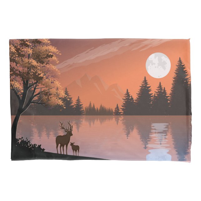 Landscape with Lake and Deers Illustration-51207 Pillow Case (Front)