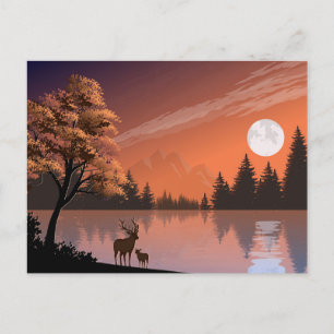 Landscape with Lake and Deers Illustration-51207 Postcard
