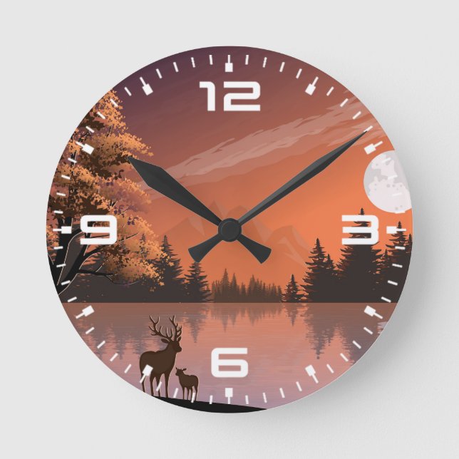 Landscape with Lake and Deers Illustration-51207 Round Clock (Front)