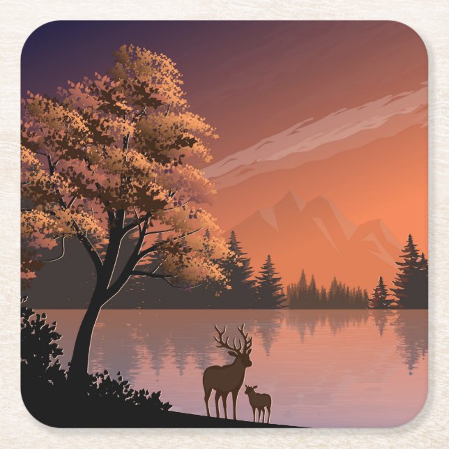 Landscape with Lake and Deers Illustration-51207 Square Paper Coaster (Front)