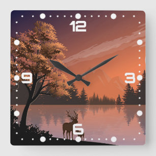 Landscape with Lake and Deers Illustration-51207 Square Wall Clock