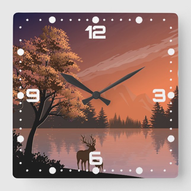 Landscape with Lake and Deers Illustration-51207 Square Wall Clock (Front)