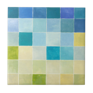 Landscape with Multicolored Pixilated Squares Ceramic Tile