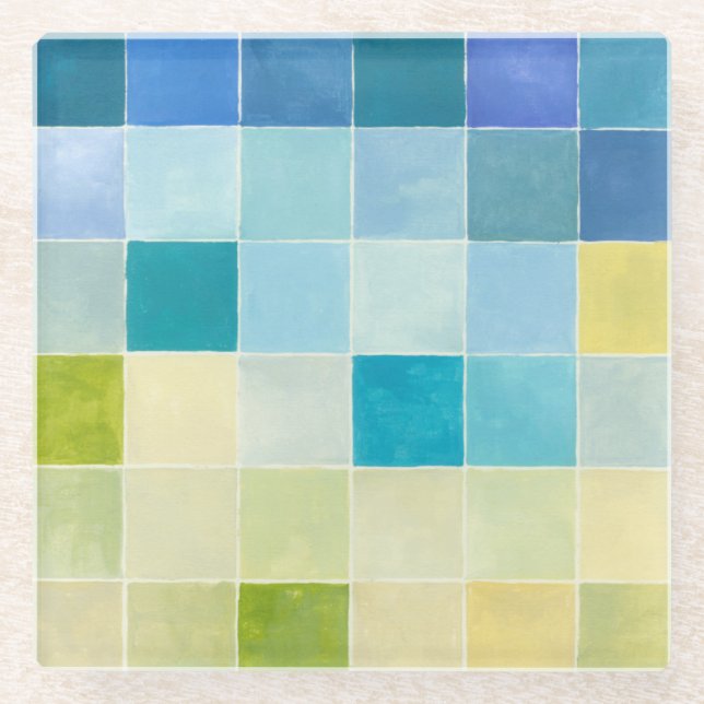 Landscape with Multicolored Pixilated Squares Glass Coaster (Front)
