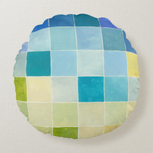 Landscape with Multicolored Pixilated Squares Round Pillow