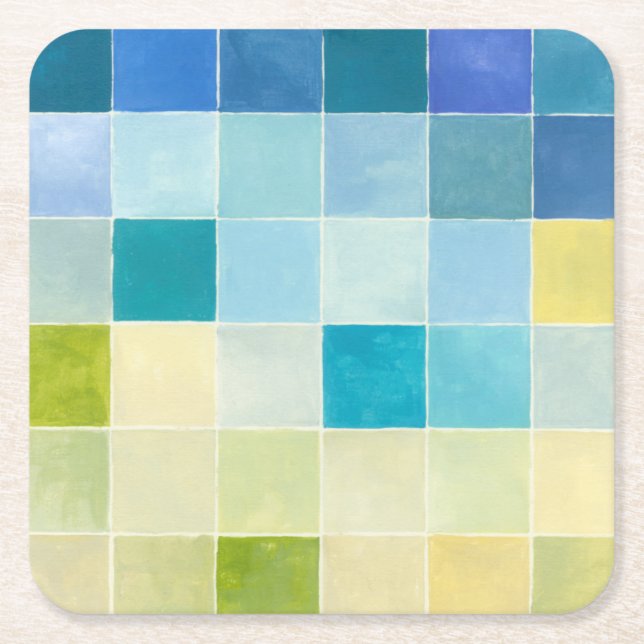 Landscape with Multicolored Pixilated Squares Square Paper Coaster (Front)
