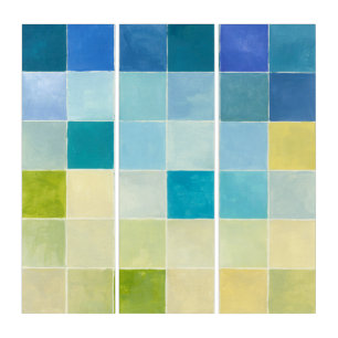 Landscape with Multicolored Pixilated Squares Triptych