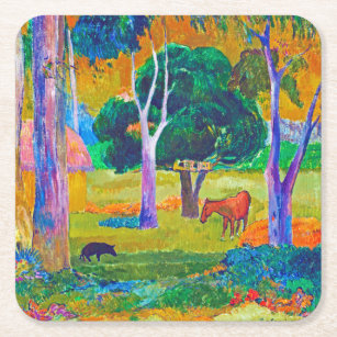 Landscape with Pig and Horse, Gauguin Square Paper Coaster