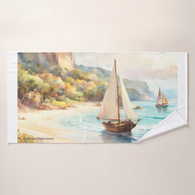 Landscape with sea and sailing ships bath towel set (Bath Towel)