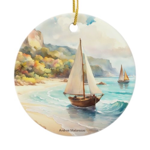 Landscape with sea and sailing ships ceramic ornament