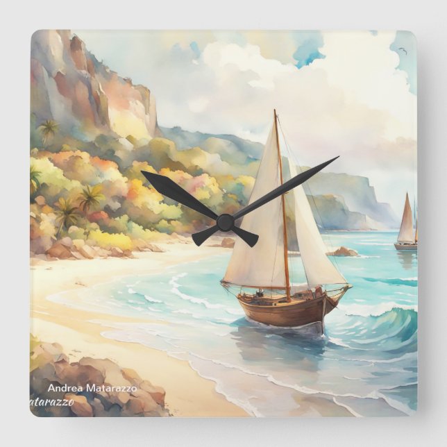 Landscape with sea and sailing ships square wall clock (Front)