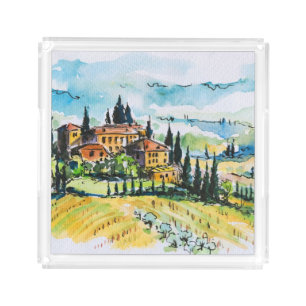 Landscape with town and cypress trees acrylic tray