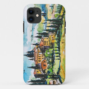 Landscape with town and cypress trees iPhone 11 case