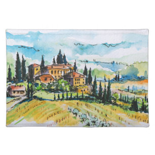 Landscape with town and cypress trees cloth placemat