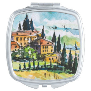 Landscape with town and cypress trees compact mirror