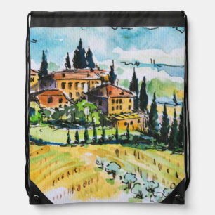 Landscape with town and cypress trees drawstring bag