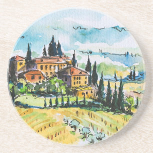 Landscape with town and cypress trees drink coaster