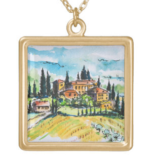 Landscape with town and cypress trees gold plated necklace