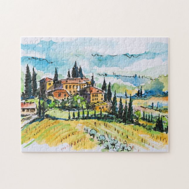 Landscape with town and cypress trees jigsaw puzzle (Horizontal)