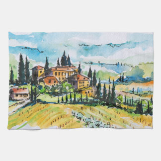 Landscape with town and cypress trees kitchen towel