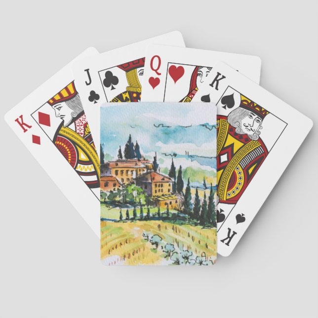 Landscape with town and cypress trees poker cards (Back)