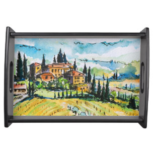 Landscape with town and cypress trees serving tray