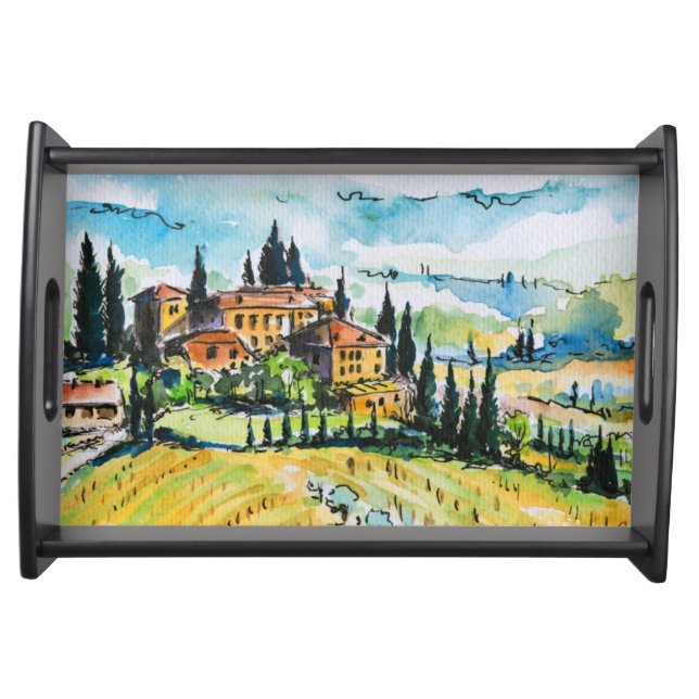 Landscape with town and cypress trees serving tray (Front)