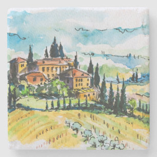 Landscape with town and cypress trees stone coaster