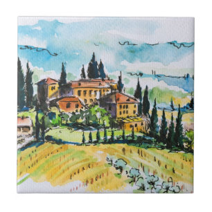 Landscape with town and cypress trees tile