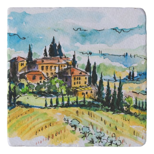 Landscape with town and cypress trees trivet (Front)