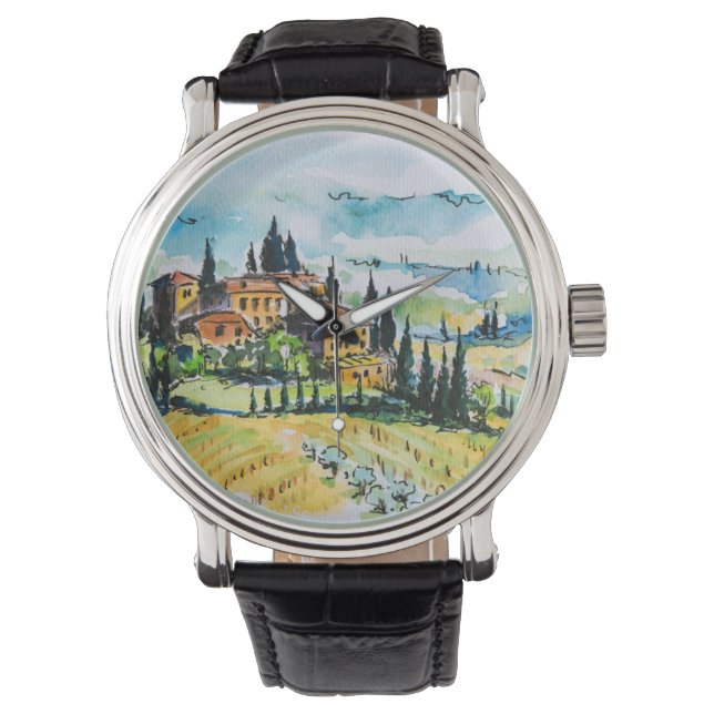Landscape with town and cypress trees watch (Front)