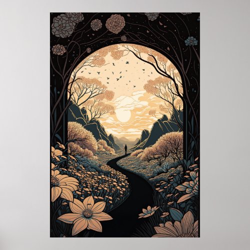 Landscape with Walking Path and Flowers Ai Art Poster