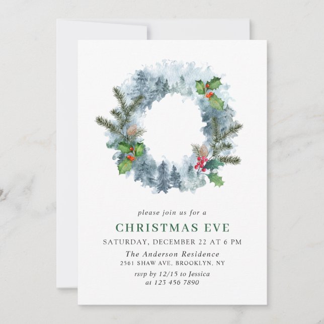 Landscape Wreath Christmas Holly Berry Eve Invitation (Front)