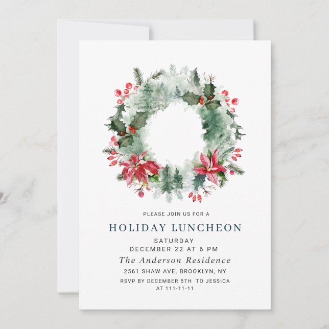 Landscape Wreath Forest CHRISTMAS HOLIDAY LUNCHEON Invitation (Front)