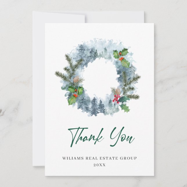 Landscape Wreath Holiday Christmas Berry Greeting Thank You Card (Front)