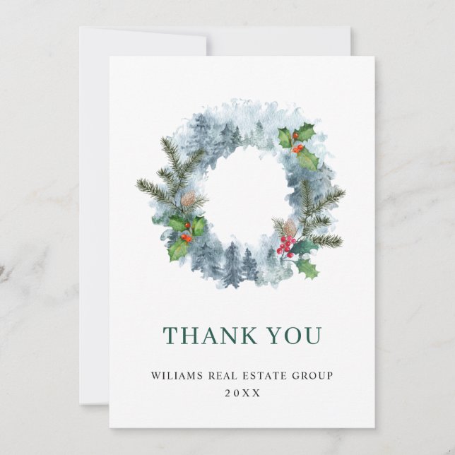 Landscape Wreath Holiday Christmas Berry Greeting Thank You Card (Front)