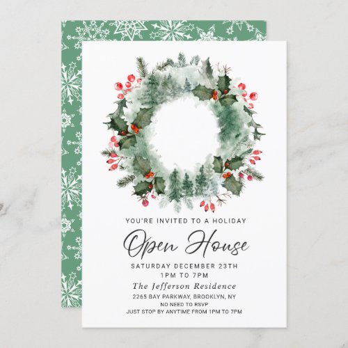 Landscape Wreath Holly Berry Christmas Open House Invitation