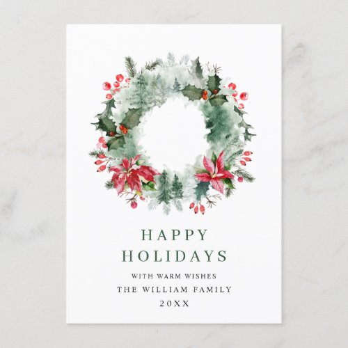 Landscape Wreath Holly Berry Pine Forest Christmas Holiday Card