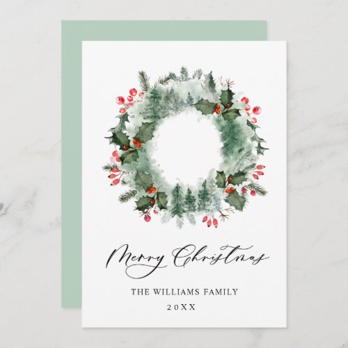 Landscape Wreath Holly Berry Pine Forest Christmas Holiday Card