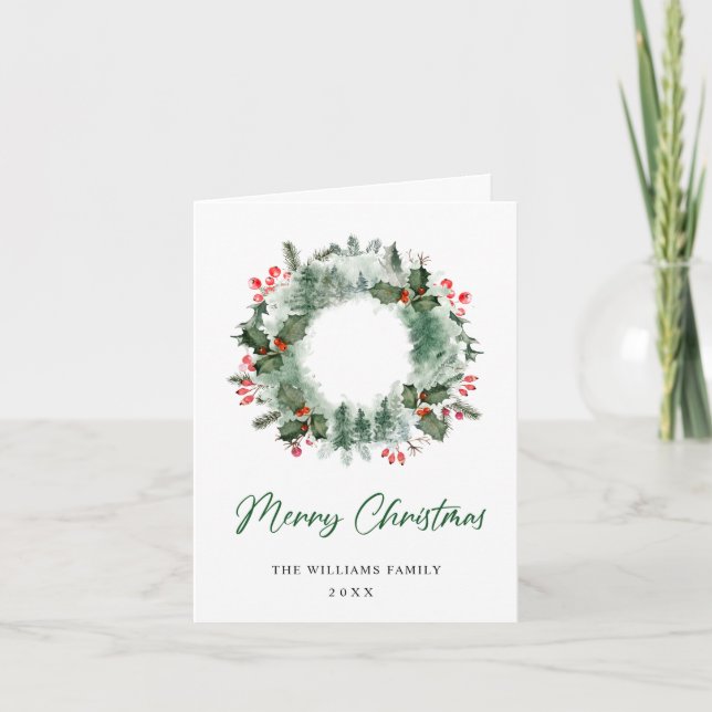Landscape Wreath Holly Berry Pine Forest Christmas Holiday Card (Front)