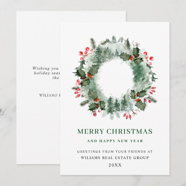 Landscape Wreath Holly Berry Pine Forest Christmas Holiday Card (Front/Back)