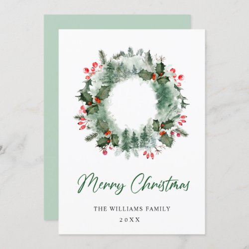 Landscape Wreath Holly Berry Pine Forest Christmas Holiday Card