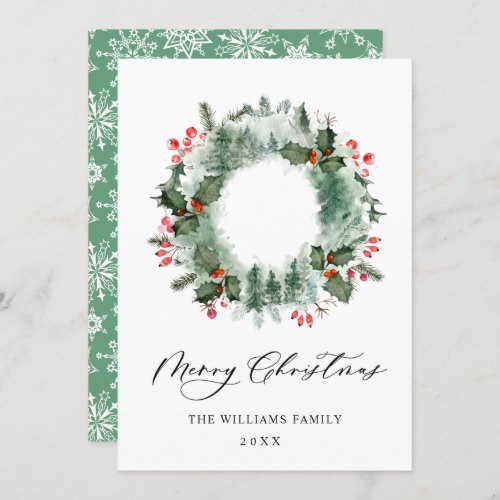 Landscape Wreath Holly Berry Pine Forest Christmas Holiday Card