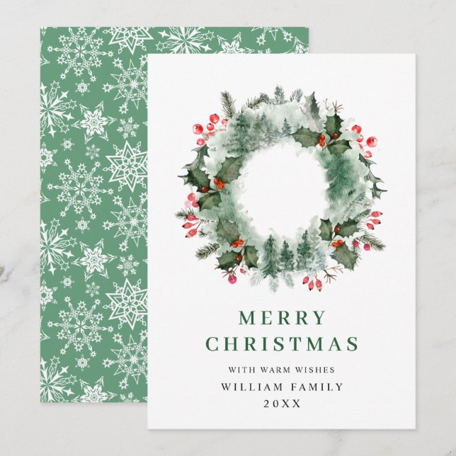 Landscape Wreath Holly Berry Pine Forest Christmas Holiday Card (Front/Back)