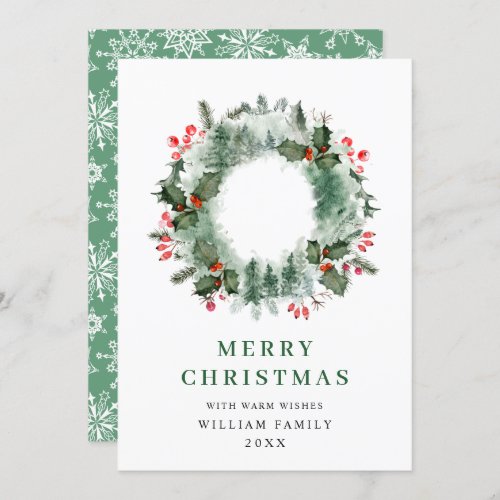 Landscape Wreath Holly Berry Pine Forest Christmas Holiday Card